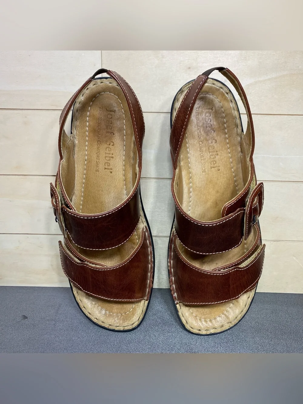 Josef Seibel Sandals Brown Leather Women's Size 7.5 Shoes EU38 Adjustable